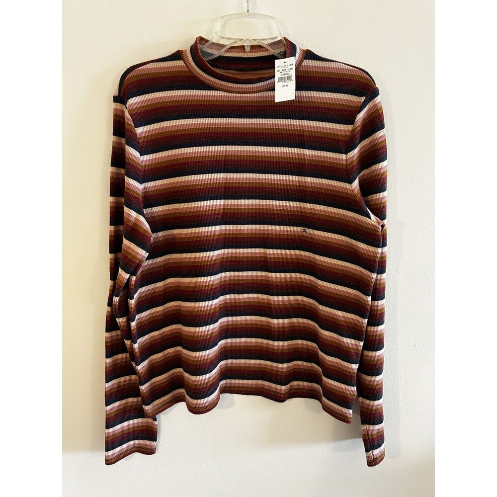 NEW! American Eagle Multi Color Striped Mock Neck Ribbed Long Sleeve Top Sz XL
